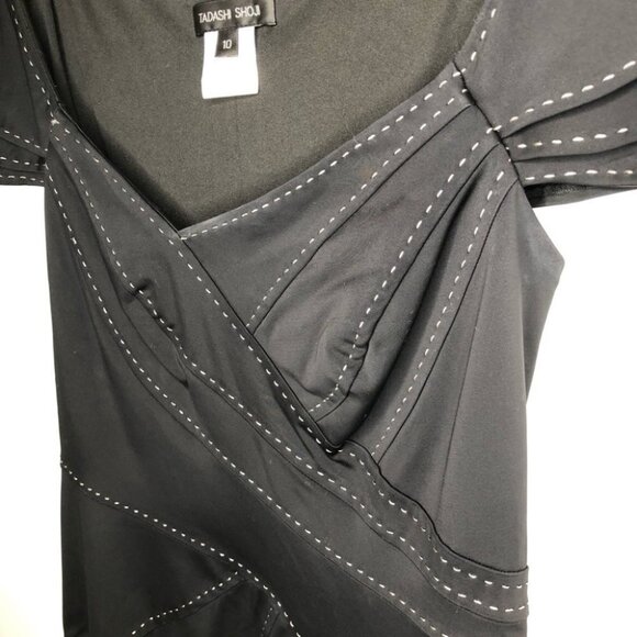TADASHI Shoji Black Cap Sleeve Asymmetrical Neckline Stitch Detail Dress Size 10 - Picture 3 of 8